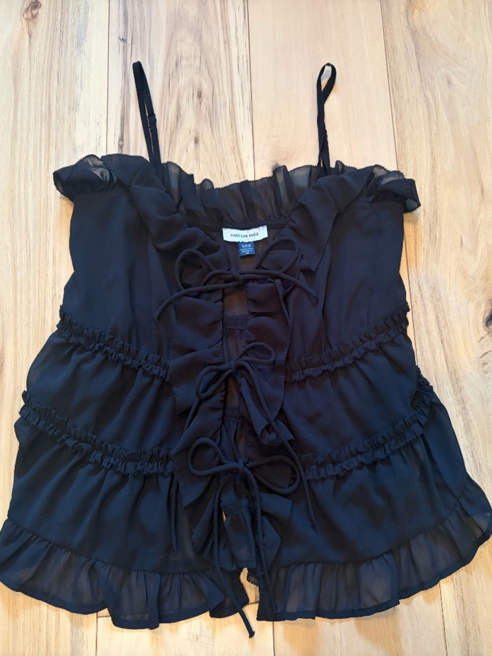 American Eagle Sheer Black Tiered Ruffle Tie Front Cami Top S